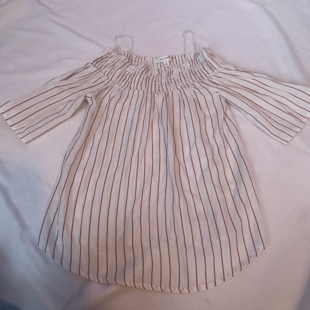 Off the shoulder beach top. White with stripes. Made in Vietnam